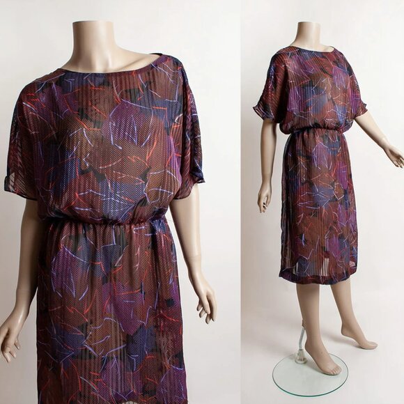 Vintage 1980s Leaf Print Autumn Sheer Dress Purple 80s Flutter Sleeve - Picture 1 of 7